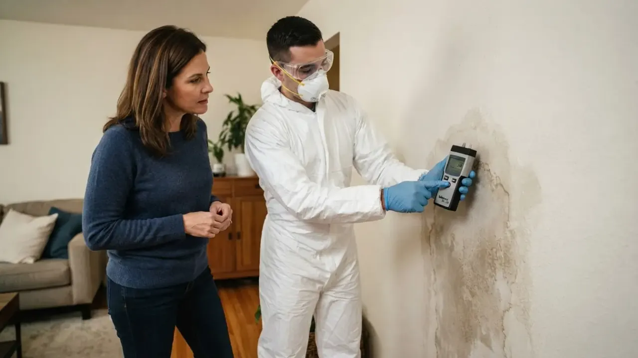 Mold Removal & Remediation in Palm Beach County Florida: mold remediation technician explaining a moisture meter reading on a damp wall to a