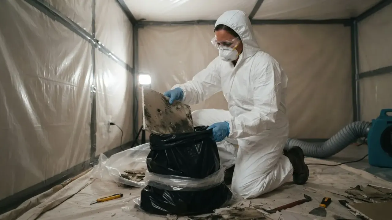 Mold Removal & Remediation in Florida: mold remediation technician carefully bagging mold-contaminated porous materials into