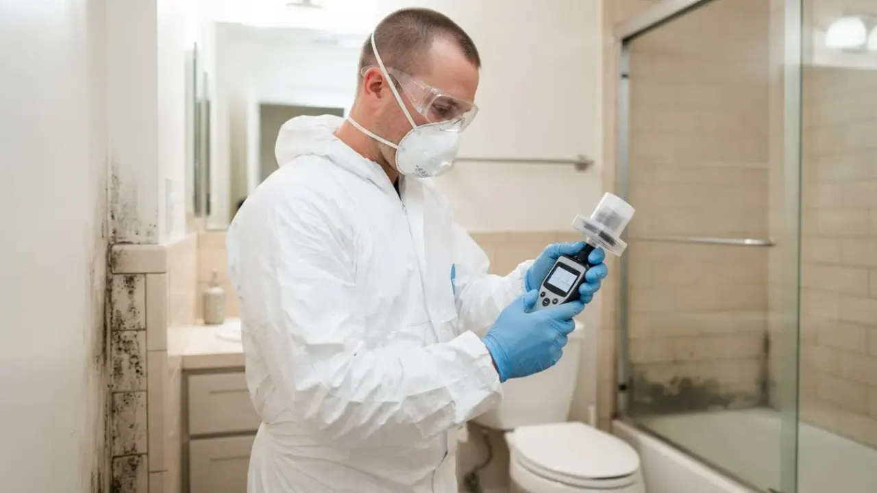 Mold Inspection and Testing in Florida: mold remediation technician holding an air sampling pump with a spore trap cassette